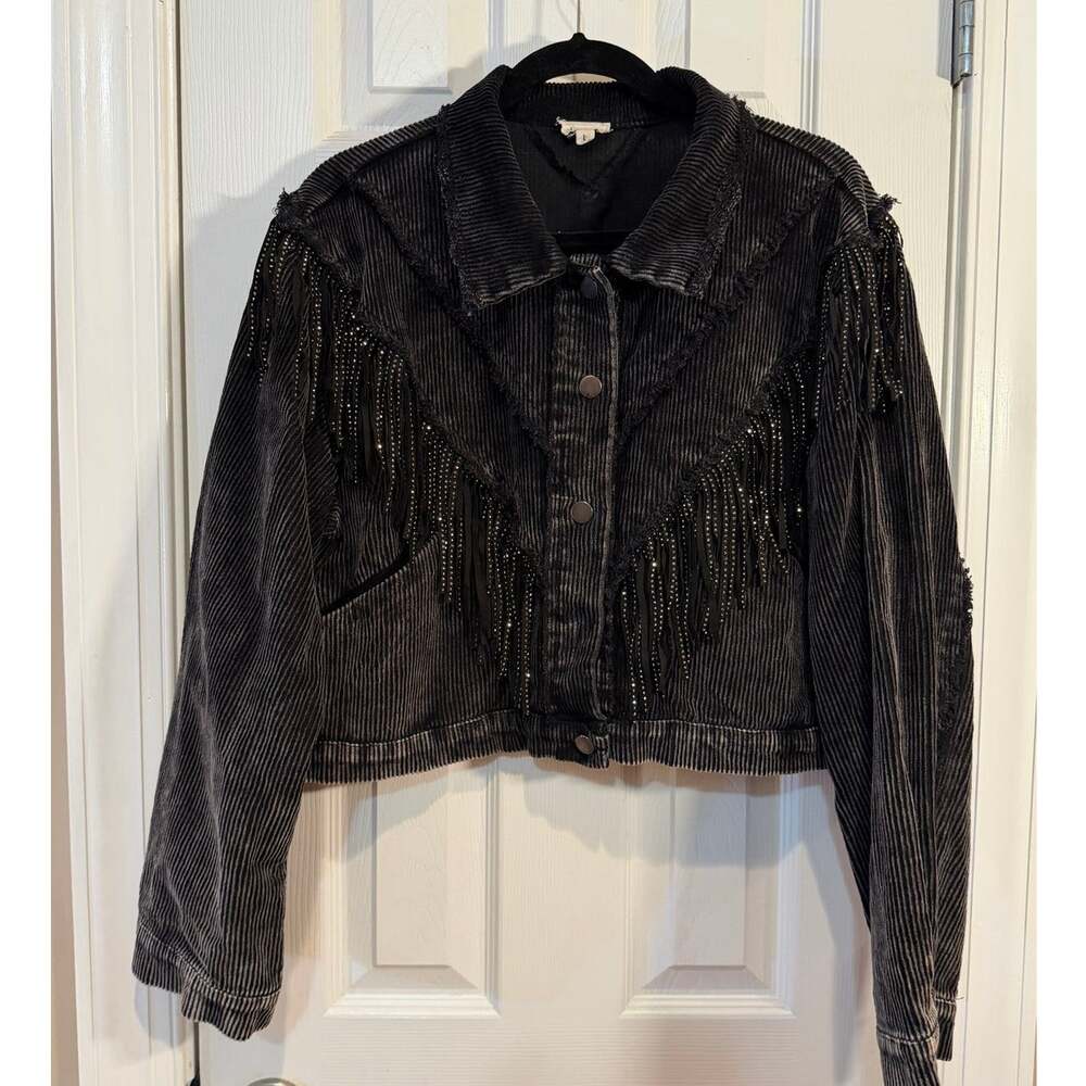 POL Rhinestone Fringe Corduroy Jacket L Black Acid Boho Western Cowboycore
